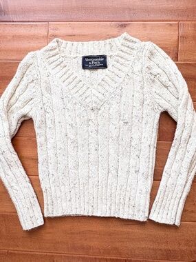 Y2K Abercrombie & Fitch Womens Wool Cable Knit V-Neck Pullover Sweater Cream
